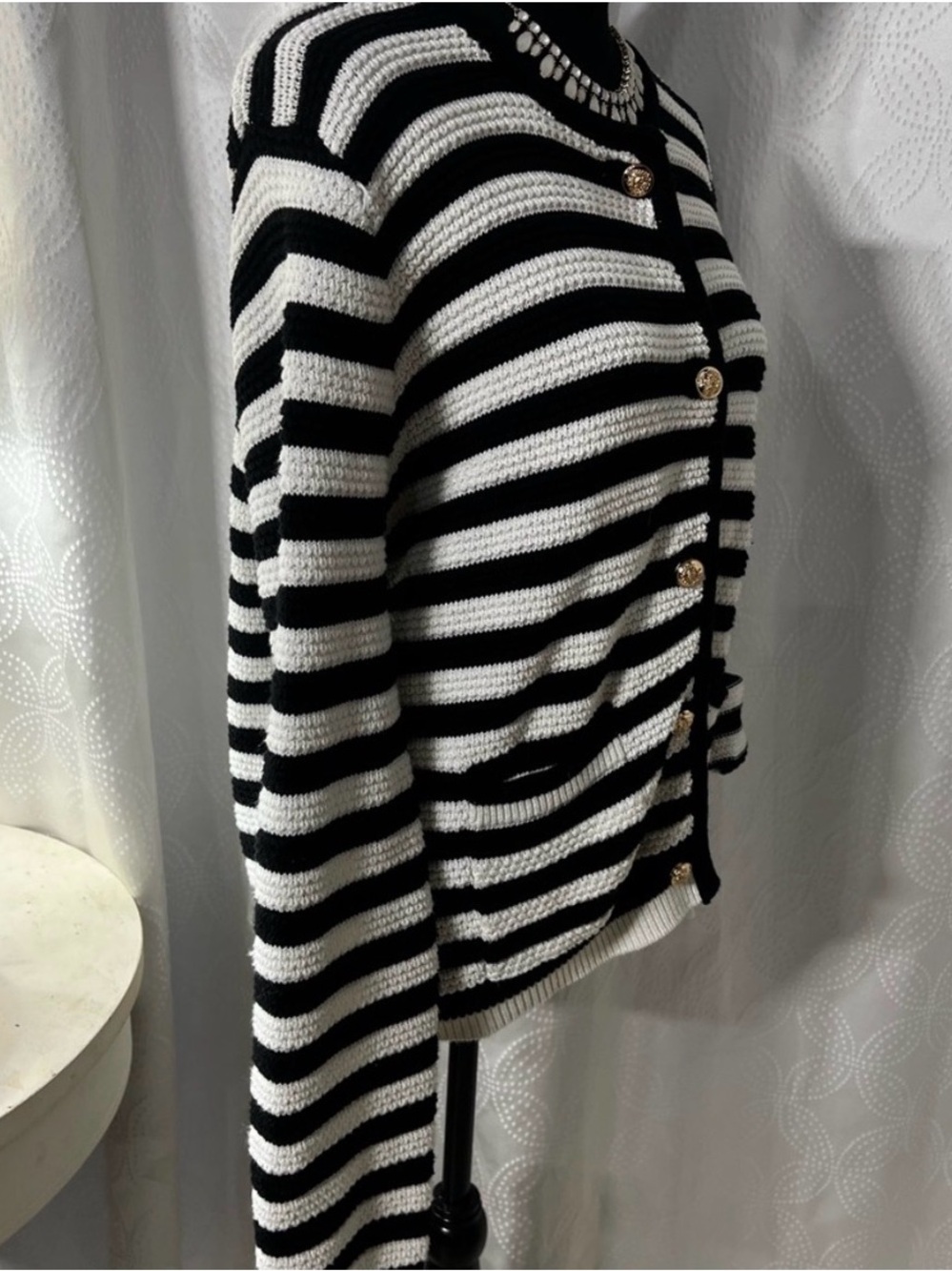 Black & White Striped Knit Cardigan Sweater - Picture 2 of 5